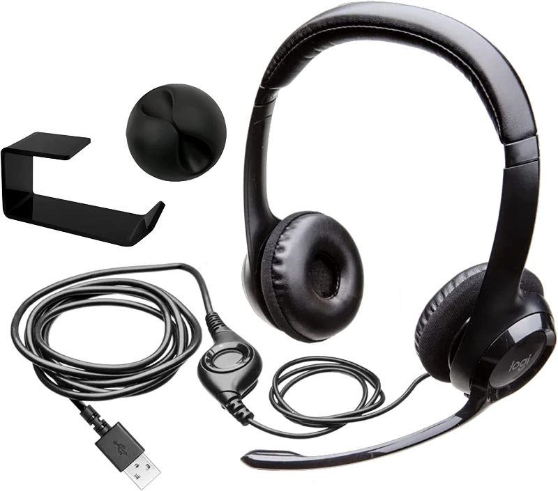 Photo 1 of Logitech H390 USB Headset with Noise-Cancelling Microphone and Vexko Headphone Hanger, Under Desk Hook 1 Pack Bundle, Black
