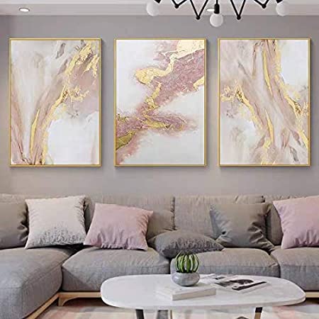 Photo 1 of 
3 Piece Framed Canvas Wall Art Pink Gold Abstract Painting Water Flow Shape Modern Home Decor Ready to Hang