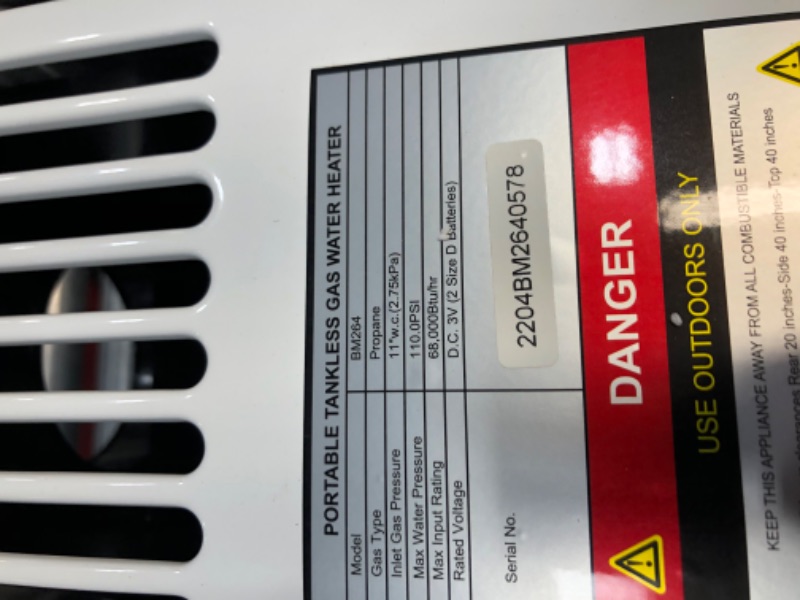 Photo 1 of PARTS ONLY 
Flame King Tankless Outdoor Portable Propane Gas 10L 2.64GPM Water Heater 68,000 BTU for Hot Water Shower, RV, Camping, Farm, Cabins