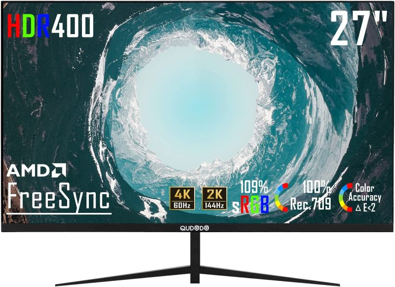 Photo 1 of QUDODO 27" Computer Monitor 4K UHD 3840 x 2160 & 2K 144HZ 1K 120HZ 1 ms,16:9 LCD IPS Display 109% sRGB HDR400 DP USB C HDMI PC Monitor FreeSync, 1.07B+ Colors
