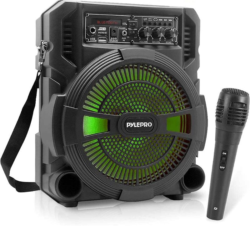 Photo 1 of Pyle Portable Bluetooth PA Speaker System - 600W Rechargeable Wireless Outdoor Bluetooth Speaker Portable PA System w/Microphone in, Party Lights, USB SD Card Reader, FM Radio - Wired Mic PSBT62A
