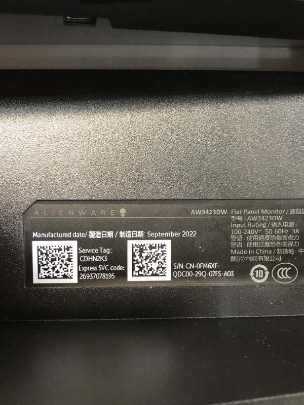 Photo 4 of **SEE NOTES***Alienware 34 Inch Curved PC Gaming Monitor, 3440 x 1440p Resolution, Quantum Dot OLED 175Hz, 1800R Curvature, True 1ms GTG, 1,000,000:1 Contrast Ratio, 1.07 Billion Colors, AW3423DW - Lunar Light
