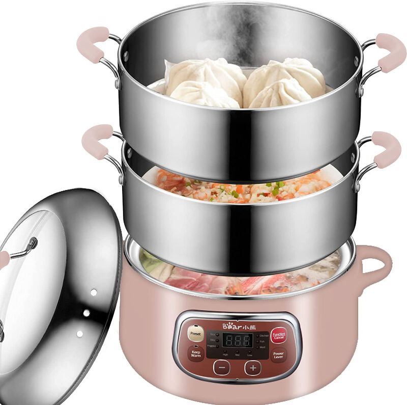 Photo 1 of Bear Electric Multifunctional Food Steamer,One Touch Digital Steamer with Timer, Vegetable Steamer 2 Tiered Stackable Stainless Steel Baskets, Auto Shut-off & Anti-dry Protection, 1200W Fast Heating, 8.5Quart,Pink
