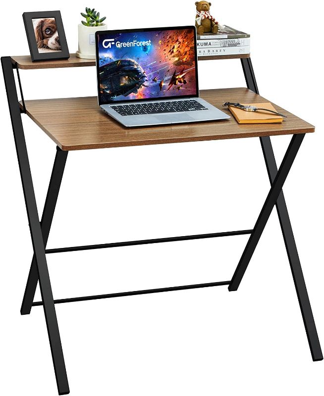 Photo 1 of GreenForest Folding Desk No Assembly Required, Computer Desk with 2-Tier Shelf Foldable Table for Small Spaces 29.5 x 20.47 inch, Espresso
