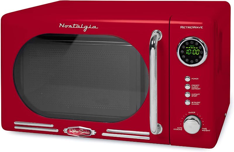 Photo 1 of Nostalgia Retro Compact Countertop Microwave Oven, 0.7 Cu. Ft. 700-Watts with LED Digital Display, Child Lock, Easy Clean Interior, Red
