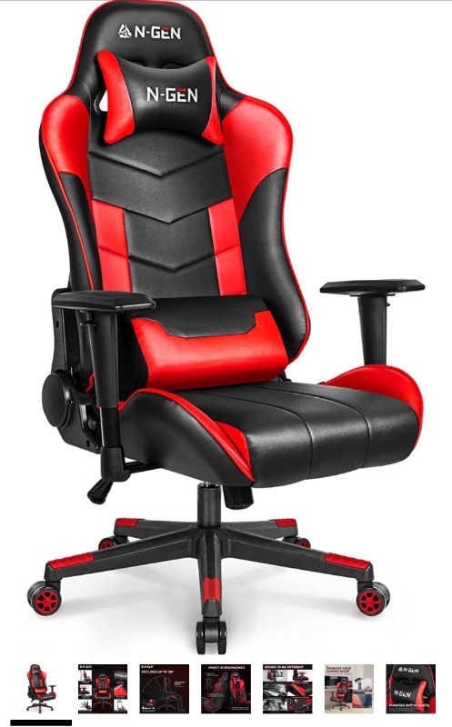 Photo 1 of (ITEM SIMILAR TO DISPLAY PHOTO, SEE PHOTOS)   N-GEN Gaming Chair Computer Ergonomic Office Adjustable Lumbar Support Racing Style High Back Desk Headrest Swivel Executive E-Sports Video Game PC Leather Height Reclining (1. Red)
