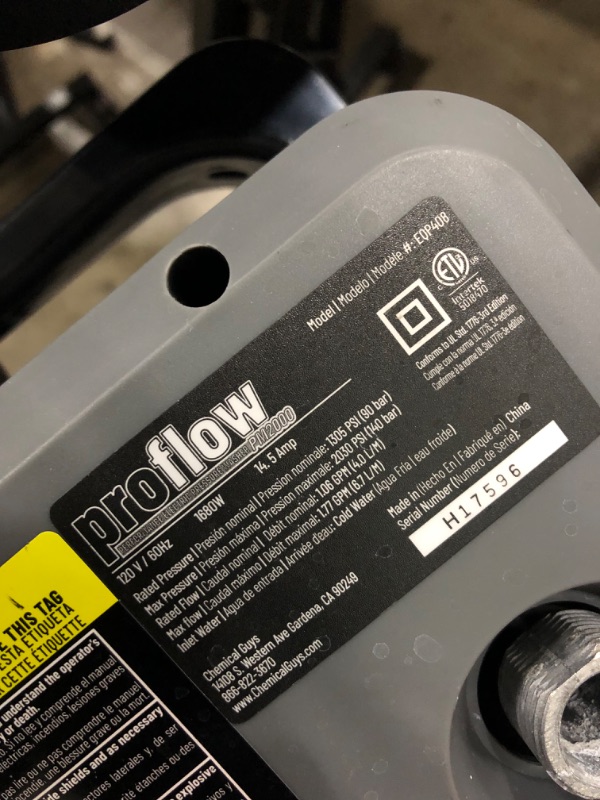 Photo 1 of Chemical Guys EQP408 ProFlow Performance Electric Pressure Washer PM2000, 14.5-Amp Motor 2030 Max PSI, 1.77 GPM, Includes 5 Full Range QC Tips, Cleans Cars, Patios, Driveways, Homes and More , Gray

