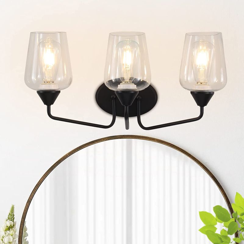 Photo 1 of LWYTJO Bathroom Vanity Light Fixtures 3-Lights Matte Black Farmhouse Metal Wall Lamp with Wine Glass Shade Porch Wall Mount Light Fixture for Mirror Cabinets Hallway Stairs
