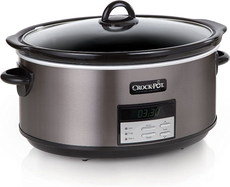 Photo 3 of ***TESTED POWERS ON*** Crockpot 8 Quart Slow Cooker with Auto Warm Setting and Cookbook, Black Stainless Steel