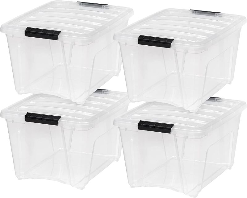 Photo 2 of ***TWO CONTAINERS*** IRIS USA 32 Qt. Plastic Storage Bin Container with Durable Lid and Secure Latching Buckles, 4-Pack, Sturdy Stackable and Nestable Organizer Tote with Pull Handle for Easy Access and Storage, Clear