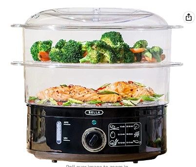 Photo 1 of BELLA Two Tier Food Steamer, Healthy, Fast Simultaneous Cooking, Stackable Baskets for Vegetables or Meats, Rice/Grains Tray, Auto Shutoff & Boil Dry Protection, 7.4 QT, Black

