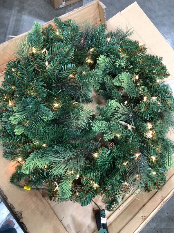 Photo 2 of ****TESTED****National Tree Company Pre-Lit Artificial Christmas Wreath, Green, Carolina Pine, White Lights, Decorated with Pine Cones, Christmas Collection, 30 Inches 30 in Clear Lights