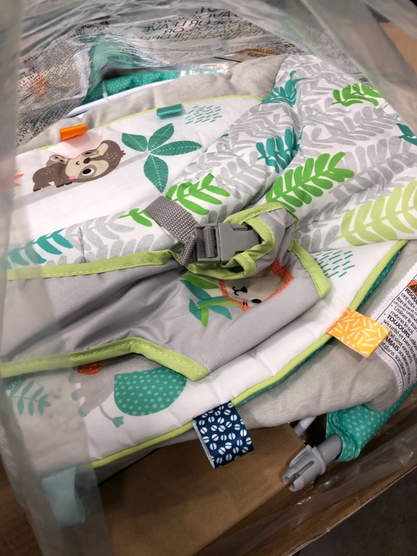 Photo 3 of Bright Starts Jungle Vines Comfy Baby Bouncer and Vibrating Infant Seat with Taggies & Elephant and Sloth Plush Baby Toys