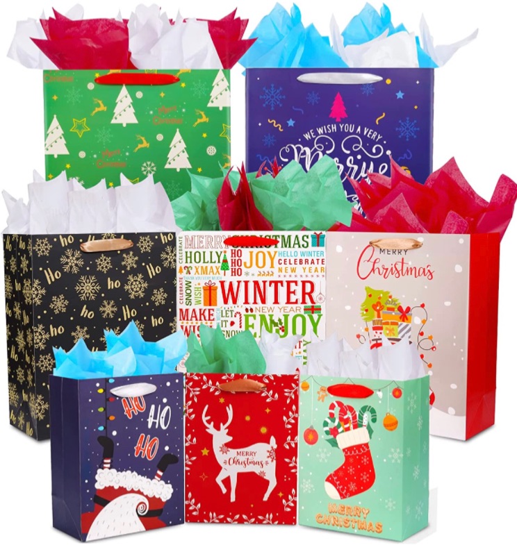 Photo 1 of 24 PCS Christmas Gift Bags Assorted Sizes with Tissue Paper, Includes 6 Extra Large, 9 Large, 9 Medium with Ribbon Handles, Gift Bags Christmas for Wrapping Holiday Gifts, Holiday Present Wrap Décor