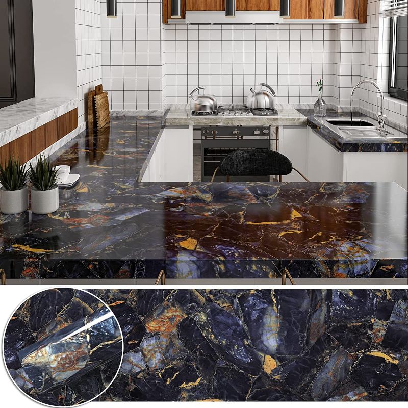 Photo 1 of CHICHOME Blue Gold Marble Wallpaper Peel and Stick 118x30 Inch Marble Contact Paper Self Adhesive Waterproof PVC Granite Paper Removable for Cabinet Countertop Furniture Decorative Wallpaper Roll
