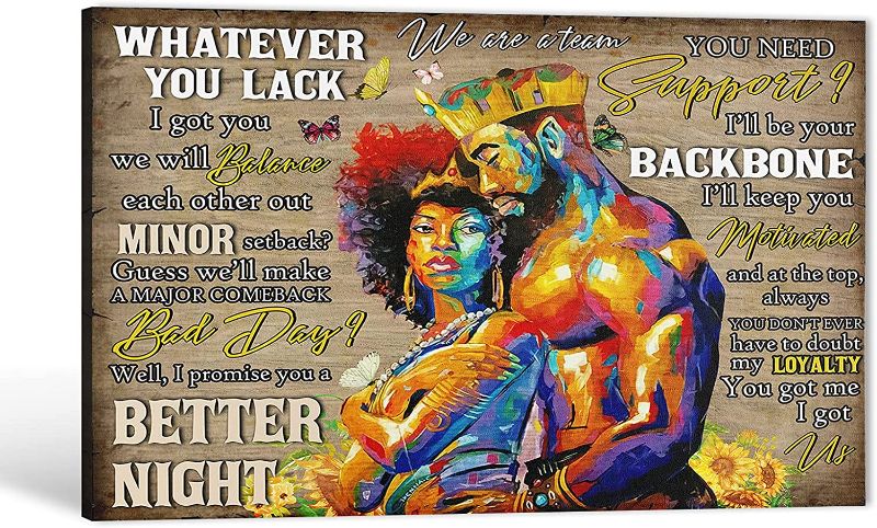 Photo 1 of Black King and Queen Wall Decor - African American Canvas Wall Art , Black Couple Black Love Quote We Are A Team Art for Bedroom, Black Art Framed Artwork for Living Room Ready to Hang- 16"x24"