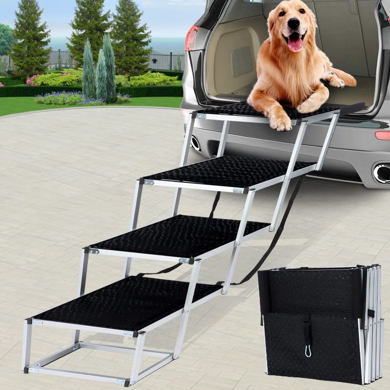 Photo 1 of Extra Wide Dog Stairs for Large Dogs Car, Lightweight Aluminum Dog Ramps Steps Foldable Pet Stairs, 4 Steps Pet Ramp with Nonslip Surface for High Beds, Trucks, Cars and SUV, Supports up to 200 lbs
