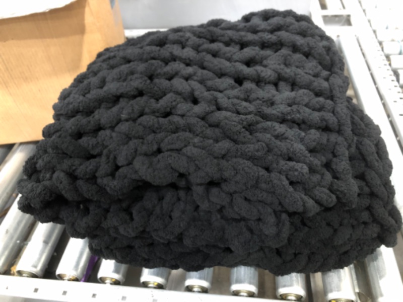 Photo 1 of  Chunky Knit Blanket Throw | 100% Hand Knit with Jumbo Chenille Yarn (Raven Black)
