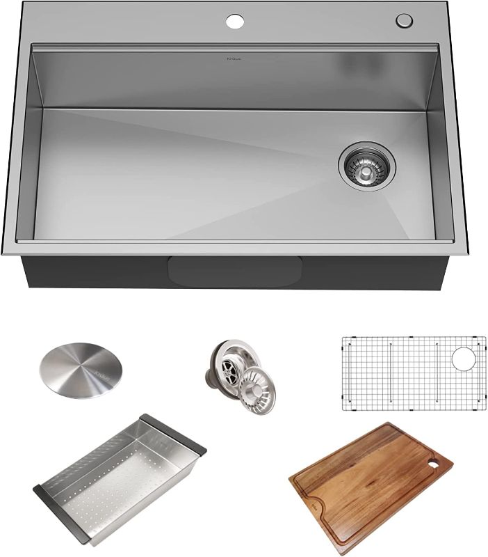 Photo 1 of *FRONT DENTED* KRAUS KWT310-33/18 Kore Workstation 33-inch Drop-In 18 Gauge Single Bowl Stainless Steel Kitchen Sink with Integrated Ledge and Accessories
