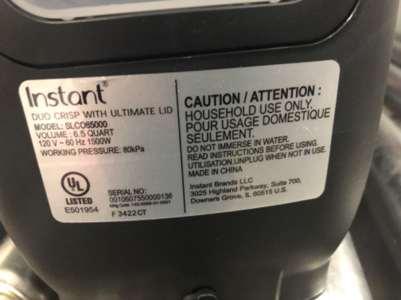 Photo 2 of *** SEE NOTES*** Instant Pot Duo Crisp Ultimate Lid, 13-in-1 Air Fryer and Pressure Cooker Combo, Sauté, Slow Cook, Bake, Steam, Warm, Roast, Dehydrate, Sous Vide, & Proof, App With Over 800 Recipes, 6.5 Quart 6.5QT Ultimate