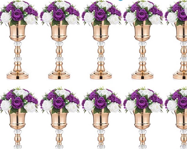 Photo 1 of 10 Pcs Tabletop Metal Wedding Flower Trumpet Vase with Crystal, Table Decorative Centerpiece, Artificial Flower Arrangements for Anniversary Ceremony Party Birthday Event Aisle Home Decoration, Gold