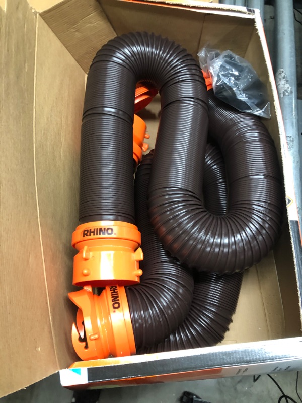 Photo 2 of Camco 20' (39741) RhinoFLEX 20-Foot RV Sewer Hose Kit, Swivel Transparent Elbow with 4-in-1 Dump Station Fitting-Storage Caps Included , Black , Brown 20ft Sewer Hose Kit Standard Packaging