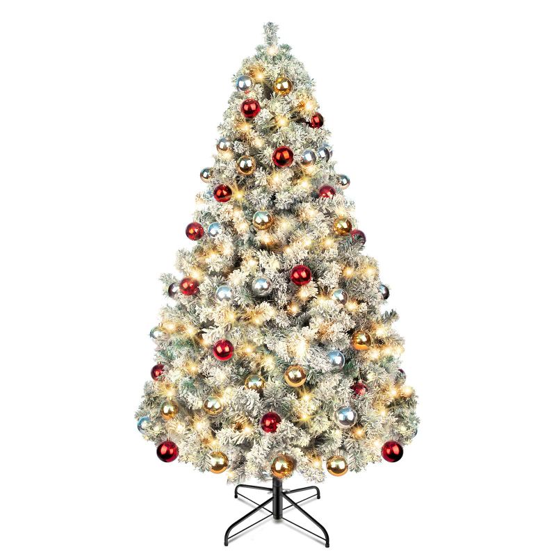 Photo 1 of 6ft Artificial Christmas Tree Prelit, Green Xmas Tree with 350 LEDs Lights and Decorations, Decorated Fake Christmas Tree with Lifelike Branch for Holiday Decoration
