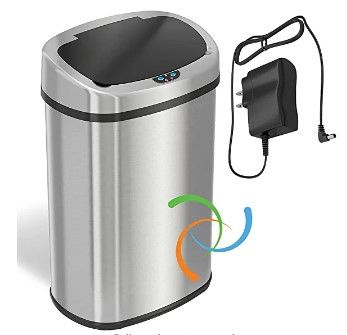 Photo 1 of `SensorCan 13 Gallon Battery-FREE Automatic Sensor Kitchen Trash Can with Power Adapter, Oval Shape Stainless Steel Garbage Bin with AC Plug
