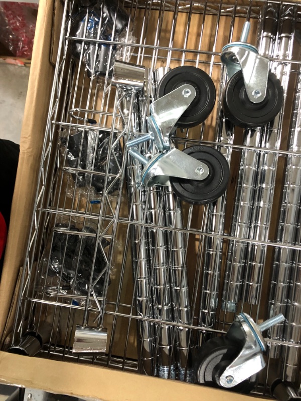 Photo 3 of **opened**
Amazon Basics Kitchen Storage Microwave Rack Cart on Caster Wheels with Adjustable Shelves, 175-Pound Capacity - Chrome/Wood