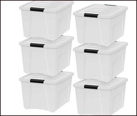 Photo 1 of IRIS USA 40 Qt. Plastic Storage Tote, 6 Pack, Pearl, Bin Organizing Container with Durable Lid and Secure Latching Buckles, Pearl/Black
