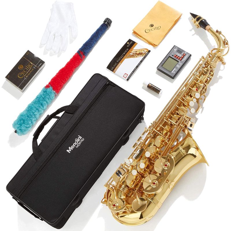 Photo 1 of Mendini By Cecilio Eb Alto Saxophone - Case, Tuner, Mouthpiece, 10 Reeds, Pocketbook- MAS-BK r E Flat Musical Instruments
box opened 