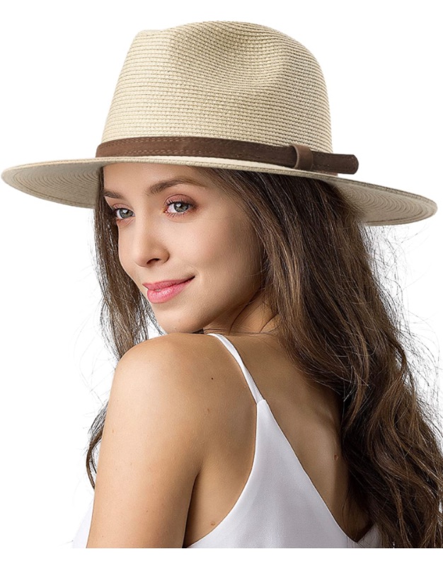 Photo 1 of Womens Mens Wide Brim Straw Panama Hat Fedora Summer Beach Sun Hat UPF Straw Hat for Women