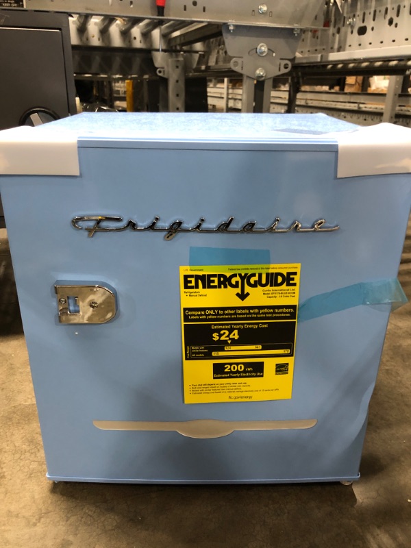 Photo 2 of ***NOT TESTED/MINOR DAMAGE***Frigidaire EFR176-BLUE 1.6 cu ft Blue Retro Fridge with Side Bottle Opener. for The Office, Dorm Room or Cabin