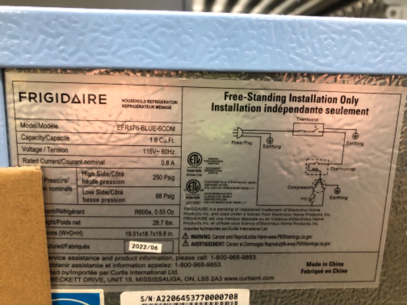 Photo 5 of ***NOT TESTED/MINOR DAMAGE***Frigidaire EFR176-BLUE 1.6 cu ft Blue Retro Fridge with Side Bottle Opener. for The Office, Dorm Room or Cabin