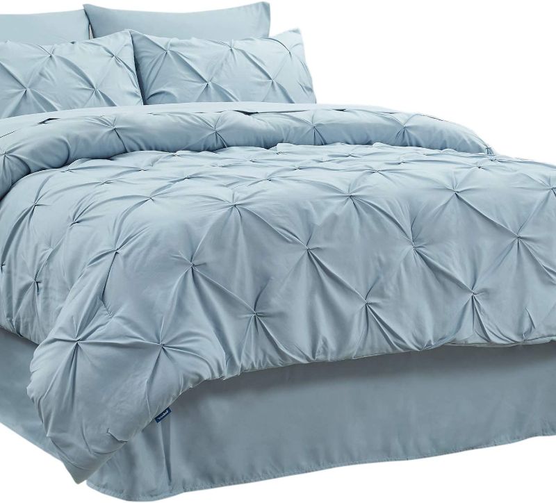 Photo 1 of BEDSURE King Size Comforter Set - Bedding Set King 8 Pieces, Pintuck Bed in a Bag Light Blue Bed Set with Comforters, Sheets & Skirt, Pillowcases & Shams
