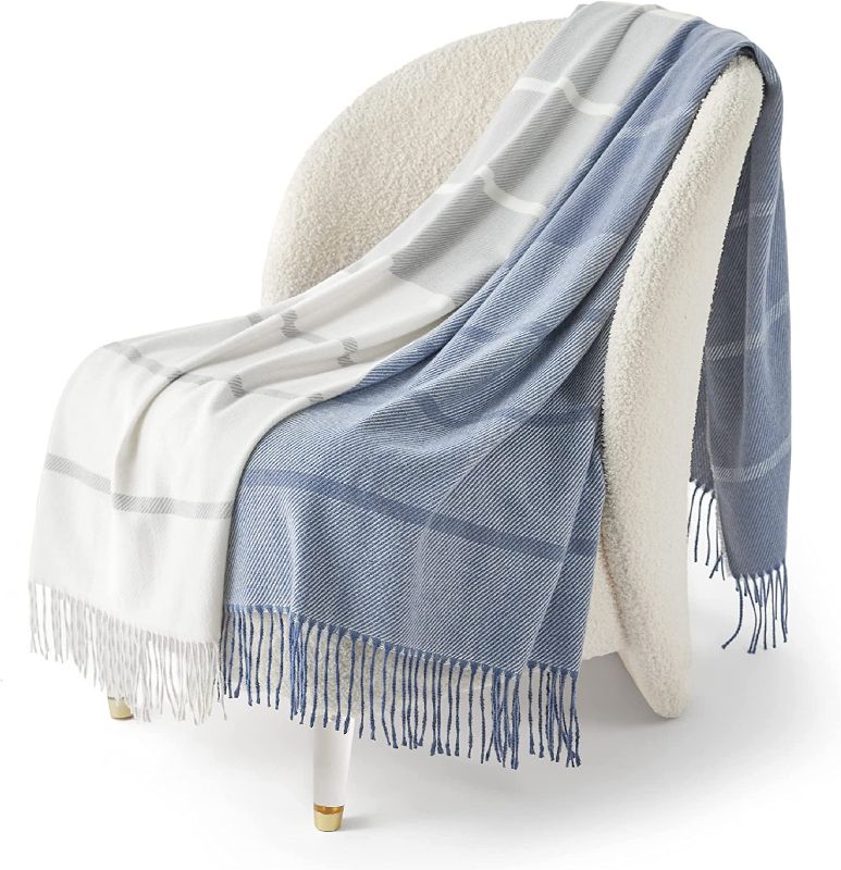 Photo 1 of BEDSURE Blue Throw Blanket with Tassel Woven Striped Cozy Soft Lightweight Plaid Decorative Blankets Knit Blanket for Couch Chair Bed Sofa in Spring Summer 50" x 60"
