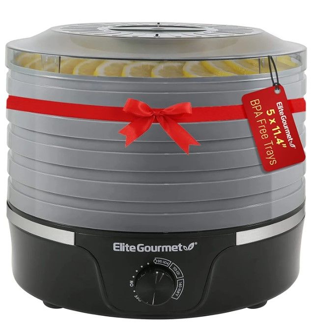 Photo 1 of Elite Gourmet EFD319BNG Food Dehydrator, 5 BPA-Free 11.4" Trays Adjustable Temperature Controls, Jerky, Herbs, Fruit, Veggies, Dried Snacks, Black and Grey, 5 Trays
