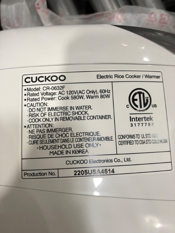 Photo 2 of CUCKOO CR-0632F | 6-Cup (Uncooked) Micom Rice Cooker | 9 Menu Options: White Rice, Brown Rice & More, Nonstick Inner Pot, Made in Korea | White/Grey
