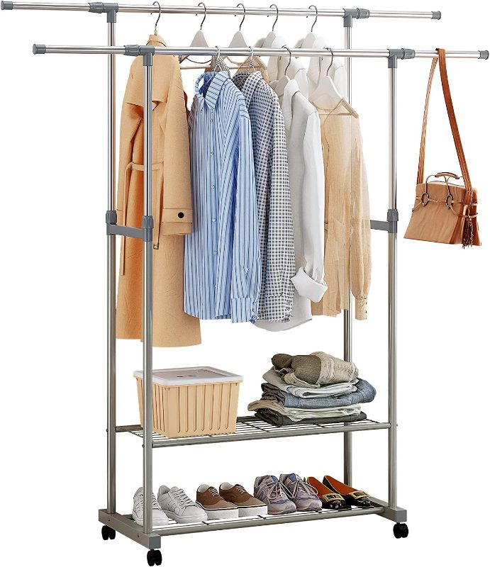 Photo 1 of HOME BI Rolling Clothes Rack, Adjustable Clothing Racks, Garment Rack on Wheels with Pipe Shelves, Portable Double Rod Metal Rack for Hanging Clothes, Coats, Shoes, Hanger Rack with 2-Tier, Grey
