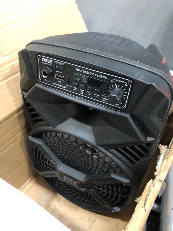 Photo 3 of Portable Bluetooth PA Speaker System - 300W Rechargeable Indoor/Outdoor Bluetooth Portable PA System w/ 8” Subwoofer 1” Tweeter, Microphone In, Party Lights, MP3/USB, Radio, Remote - Pyle PPHP836B