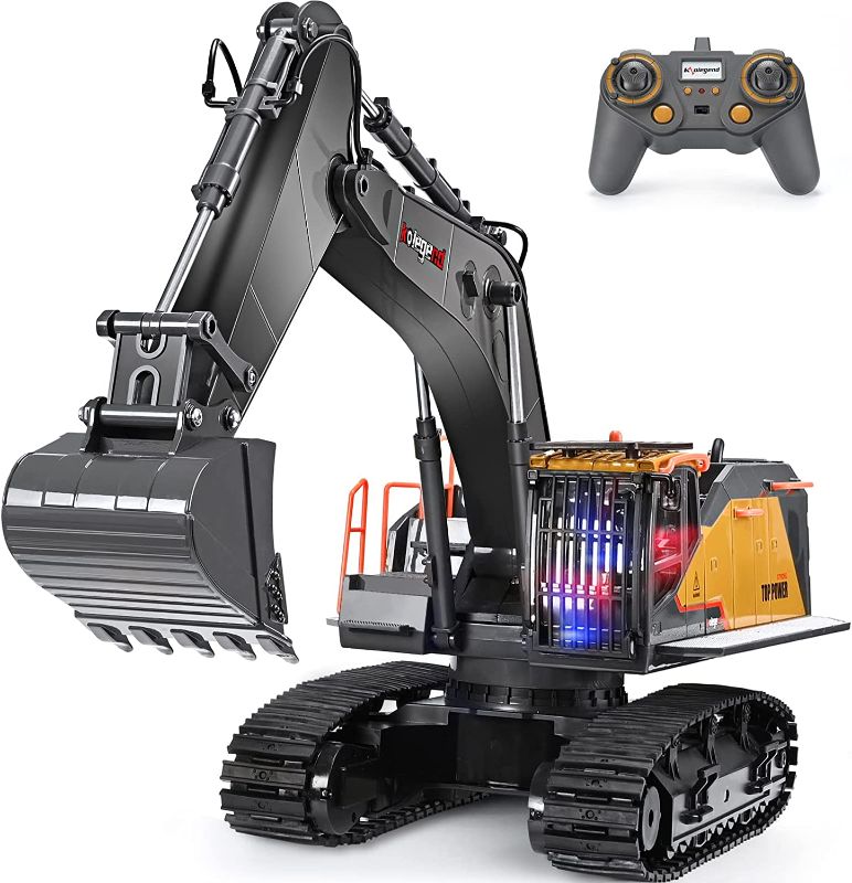 Photo 1 of kolegend Remote Control Excavator Toy 1/14 Scale RC Excavator, 22 Channel Upgrade Full Functional Construction Vehicles Rechargeable RC Truck with Metal Shovel and Lights Sounds