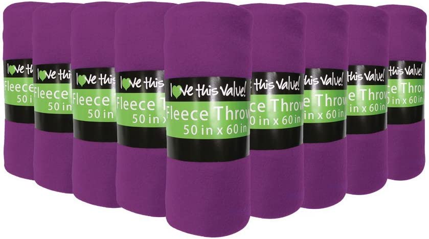 Photo 1 of 12 Pack Wholesale Soft Comfy Fleece Blankets - 60" x 50" Cozy Throw Blankets (Purple)
