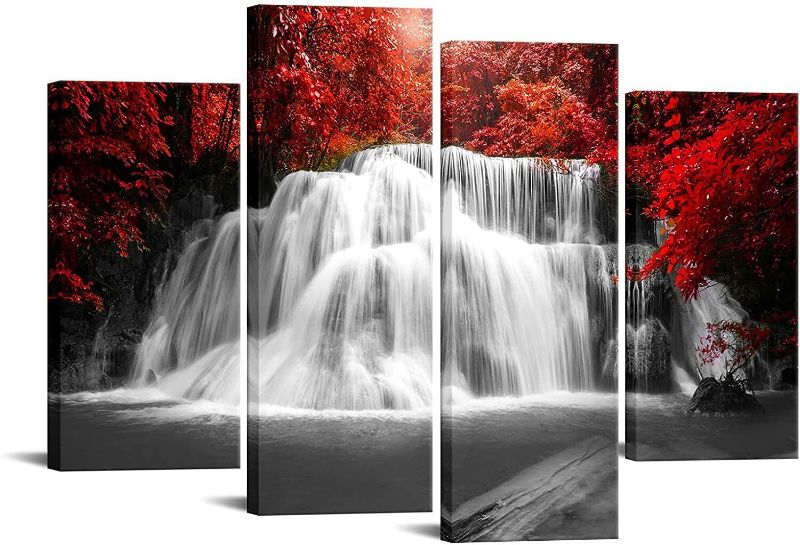 Photo 1 of Kreative Arts Black White and Red Canvas Wall Art 5 Pieces Red Woods Waterfall Canvas Print Landscape Paintings Framed Picture for Office and Home Décor Ready to Hang