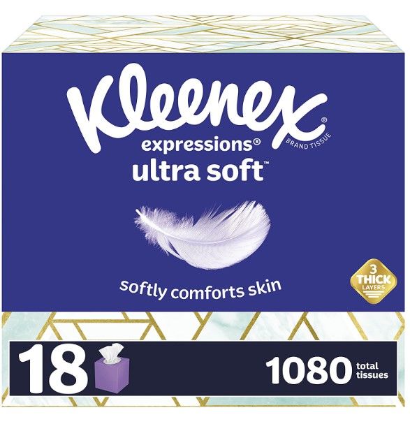 Photo 1 of *Major damage to 2 boxes/see photos* Kleenex Expressions Ultra Soft Facial Tissues, Soft Facial Tissue, 17 Cube Boxes, 60 Tissues per Box, 3-Ply (1,020 Total Tissues)
