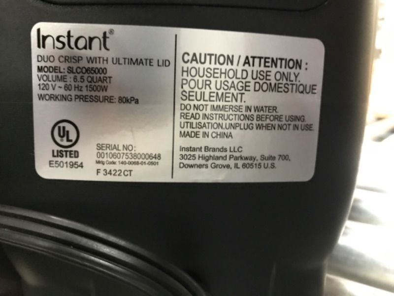 Photo 4 of (PARTS ONLY): Instant Pot Duo Crisp Ultimate Lid, 13-in-1 Air Fryer and Pressure Cooker Combo, Sauté, Slow Cook, Bake, Steam, Warm, Roast, Dehydrate, Sous Vide, & Proof, App With Over 800 Recipes, 6.5 Quart 6.5QT Ultimate 15.4"D x 15.5"W x 13.4"H
