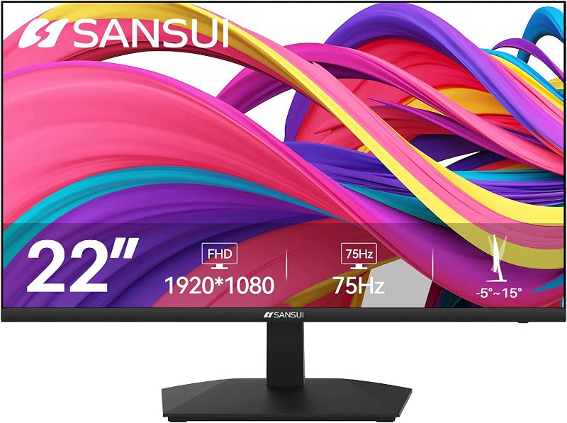 Photo 1 of SANSUI Monitor 22 inch 1080p FHD 75Hz Computer Monitor with HDMI VGA, Ultra-Slim Bezel Ergonomic Tilt Eye Care LED Display for Home Office (ES-22F1 HDMI Cable Included)
