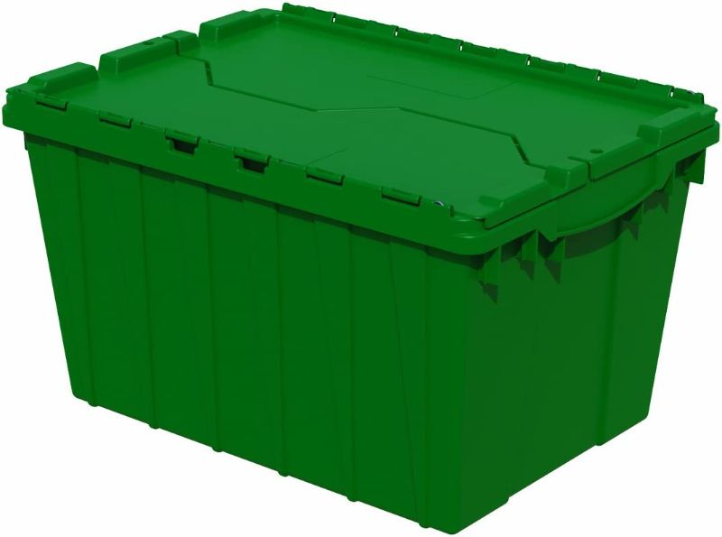 Photo 1 of 1 BIN Akro-Mils 39120GREEN 39120 Industrial Plastic Storage Tote with Hinged Attached Lid, (21-Inch L by 15-Inch W by 12-Inch H), Green, 
