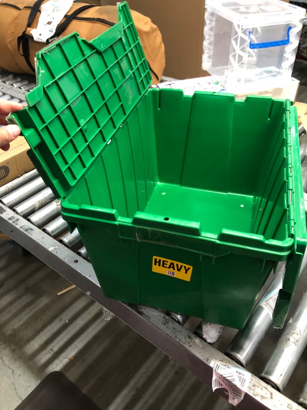 Photo 2 of 1 BIN Akro-Mils 39120GREEN 39120 Industrial Plastic Storage Tote with Hinged Attached Lid, (21-Inch L by 15-Inch W by 12-Inch H), Green, 
