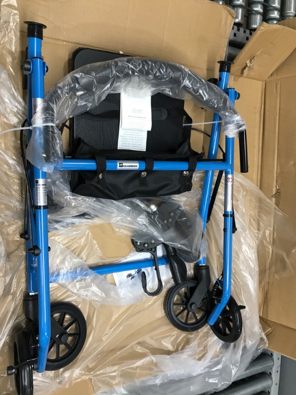 Photo 2 of Medline Mobility Lightweight Folding Steel Rollator Walker with 6-inch Wheels, Adjustable Seat and Arms, Light Blue