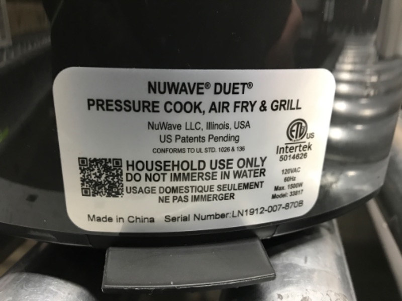 Photo 2 of *Powers on* NuWave Duet Pressure Cooker, Air Fryer & Grill Combo Cooker Deluxe with Removable Pressure and Air Fry Lids, 6qt Stainless Steel Pot, 4qt Stainless Steel Air Fryer Basket Black